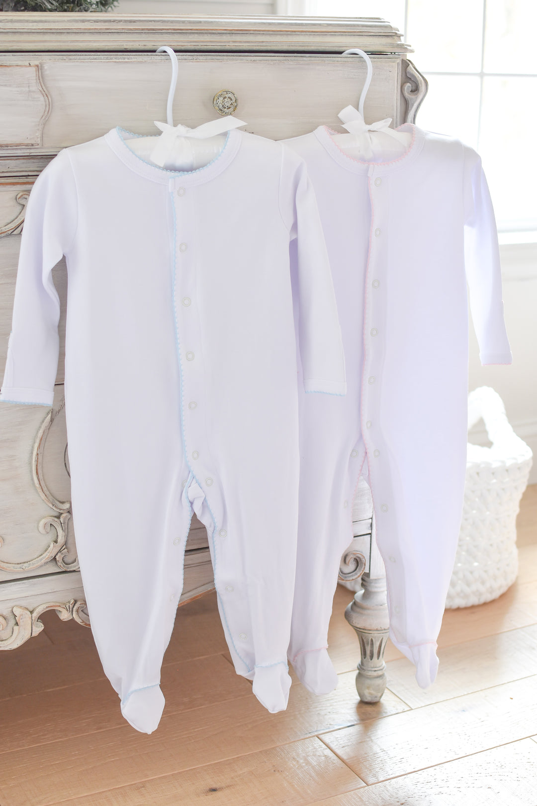 White Baby Boy Footie with Blue Trim