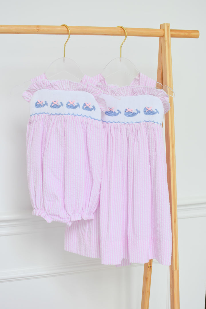 Pink Seersucker Whale Smocked Dress