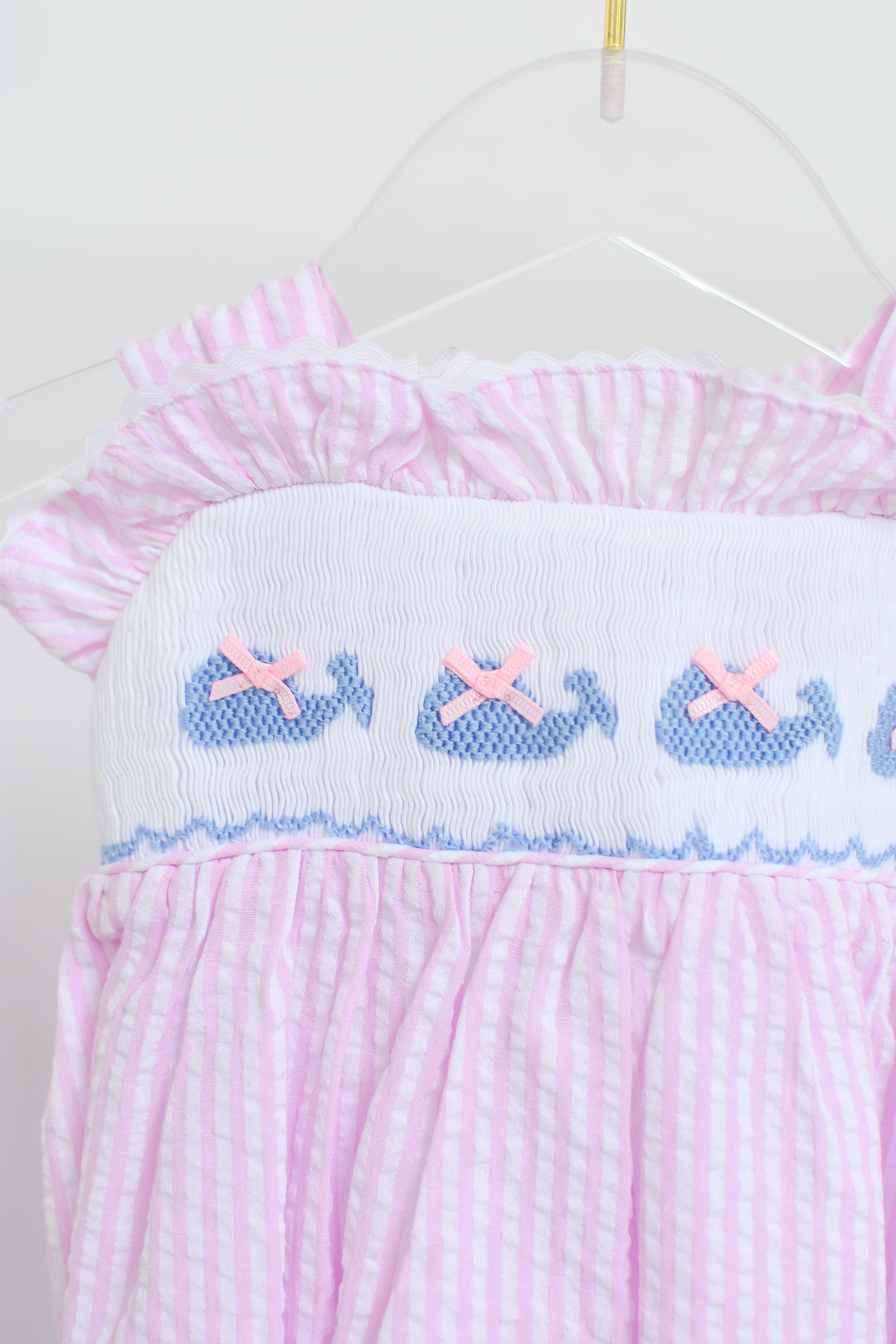Pink Seersucker Whale Smocked Dress