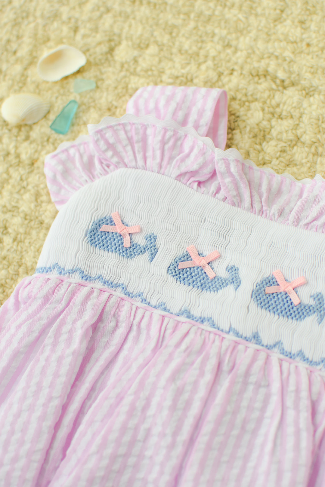 Pink Seersucker Whale Smocked Dress