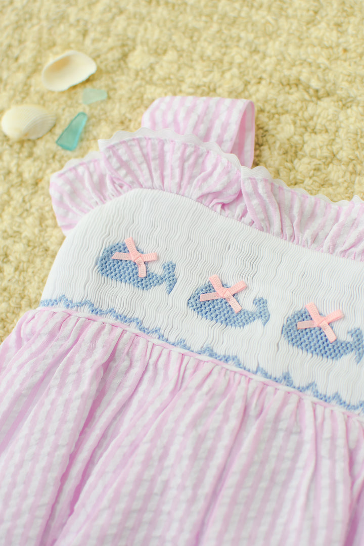 Pink Seersucker Whale Smocked Dress