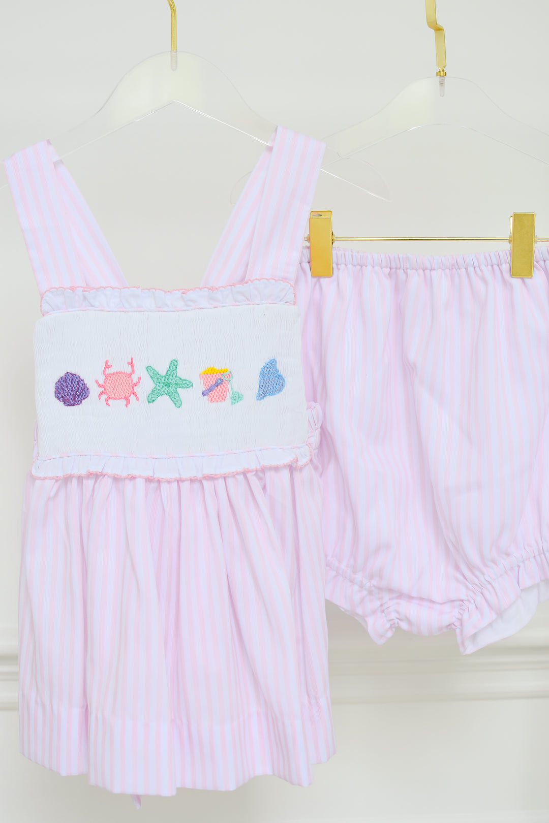 Pink Seersucker Smocked Seashell Bloomer Set