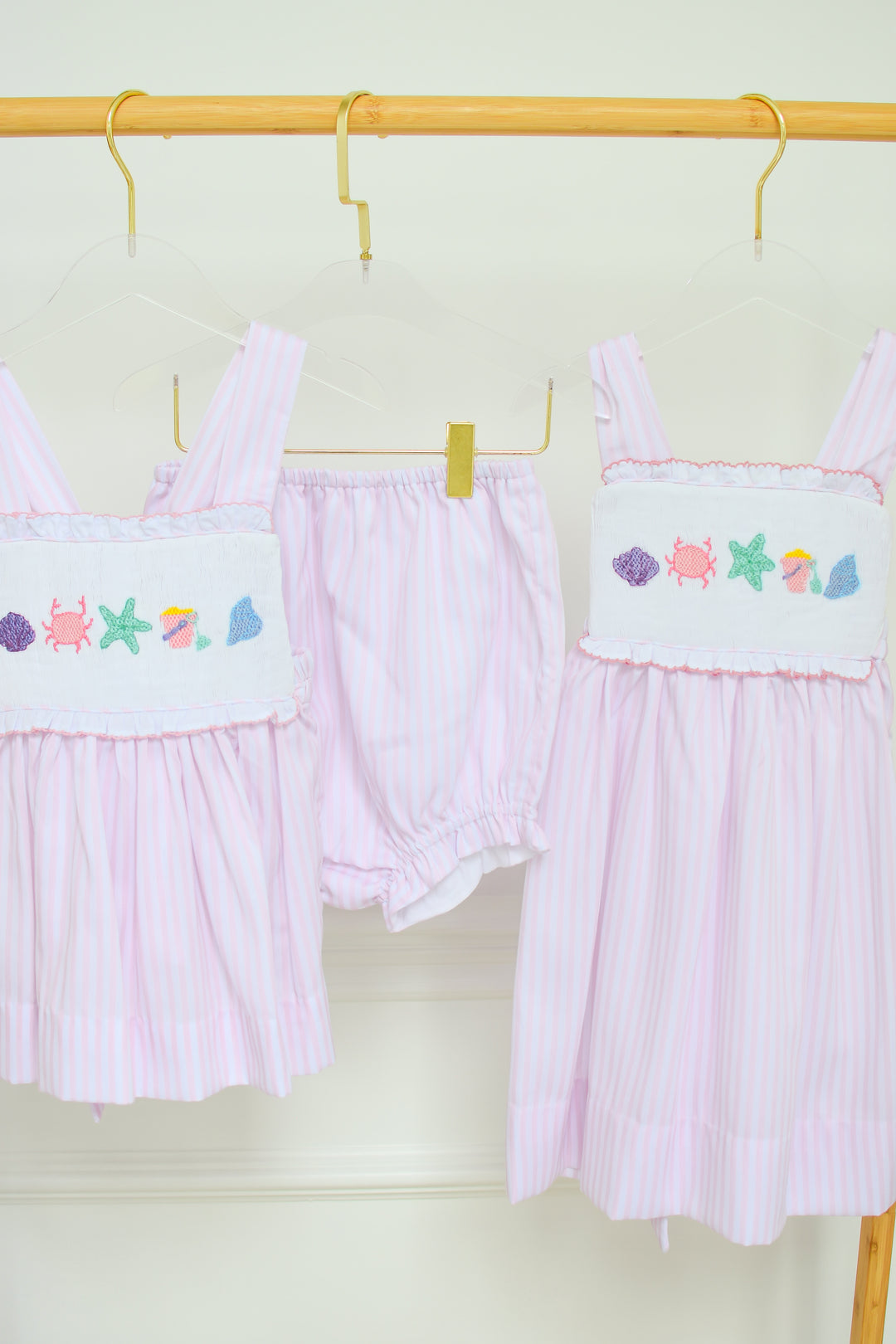 Pink Seersucker Smocked Seashell Bloomer Set