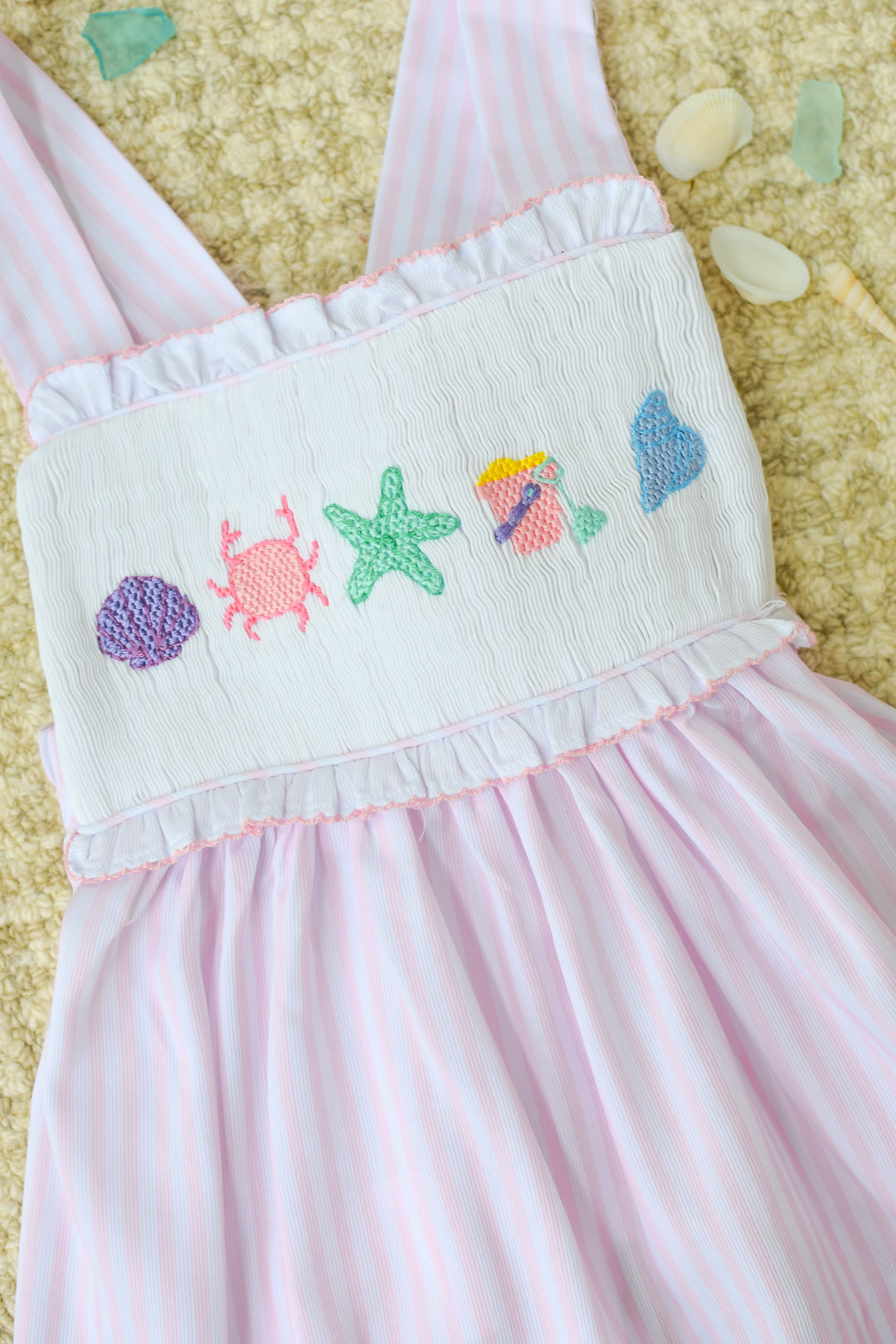 Pink Seersucker Smocked Seashell Bloomer Set