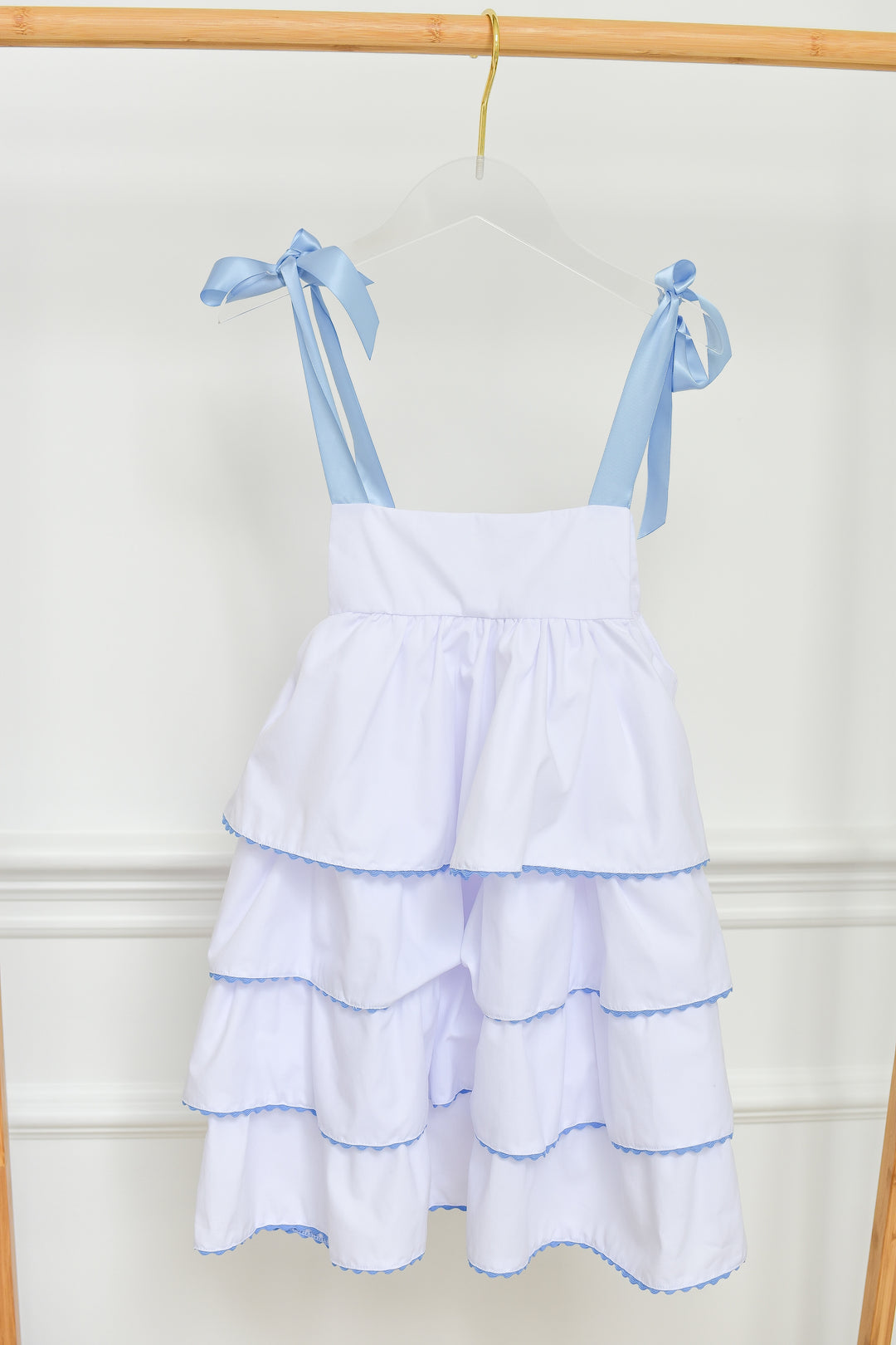 White Tiered Ruffle Dress with Blue Bow Shoulder Ties