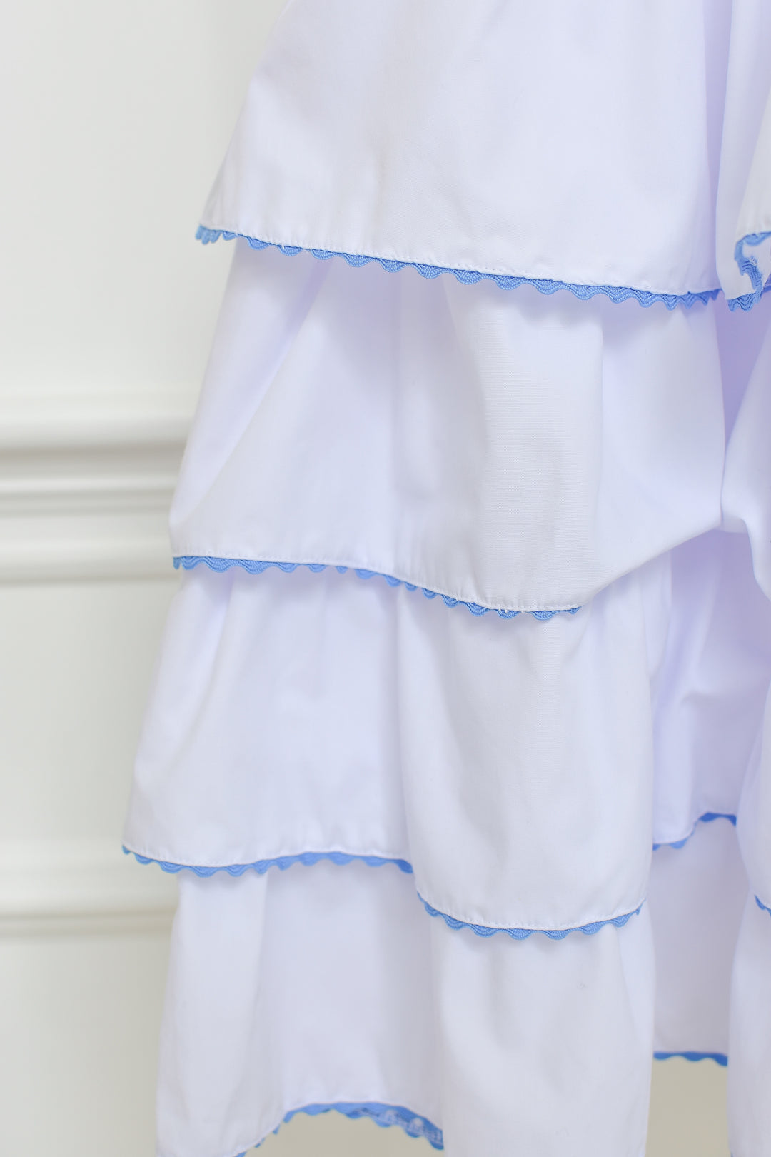 White Tiered Ruffle Dress with Blue Bow Shoulder Ties