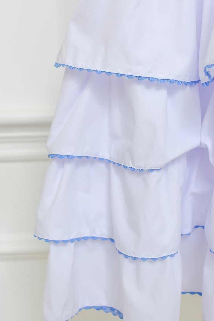 White Tiered Ruffle Dress with Blue Bow Shoulder Ties