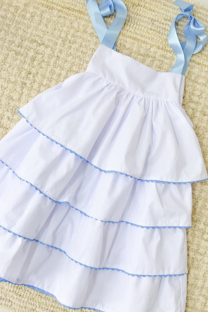 White Tiered Ruffle Dress with Blue Bow Shoulder Ties