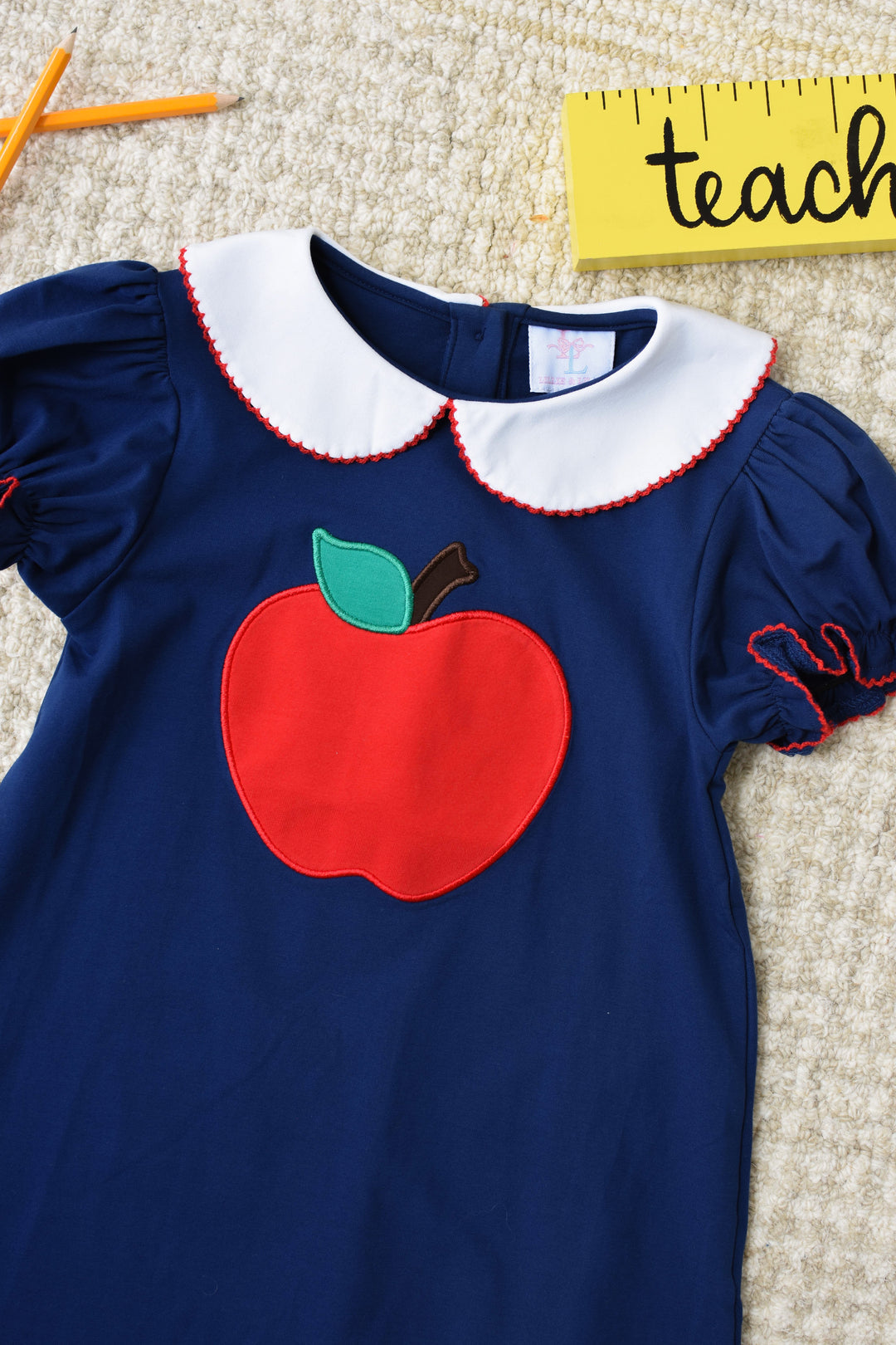 Girls Navy Apple Appliqu Dress Lillie & Lilah Girls Navy Apple Appliqu Dress Lillie & Lilah