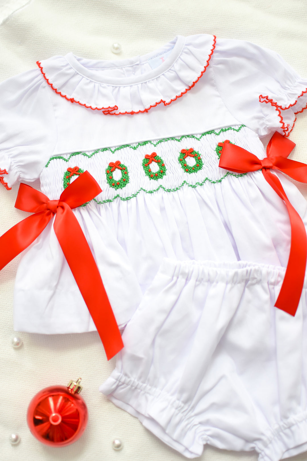 Elsie Smocked Diaper Set with Red Bows