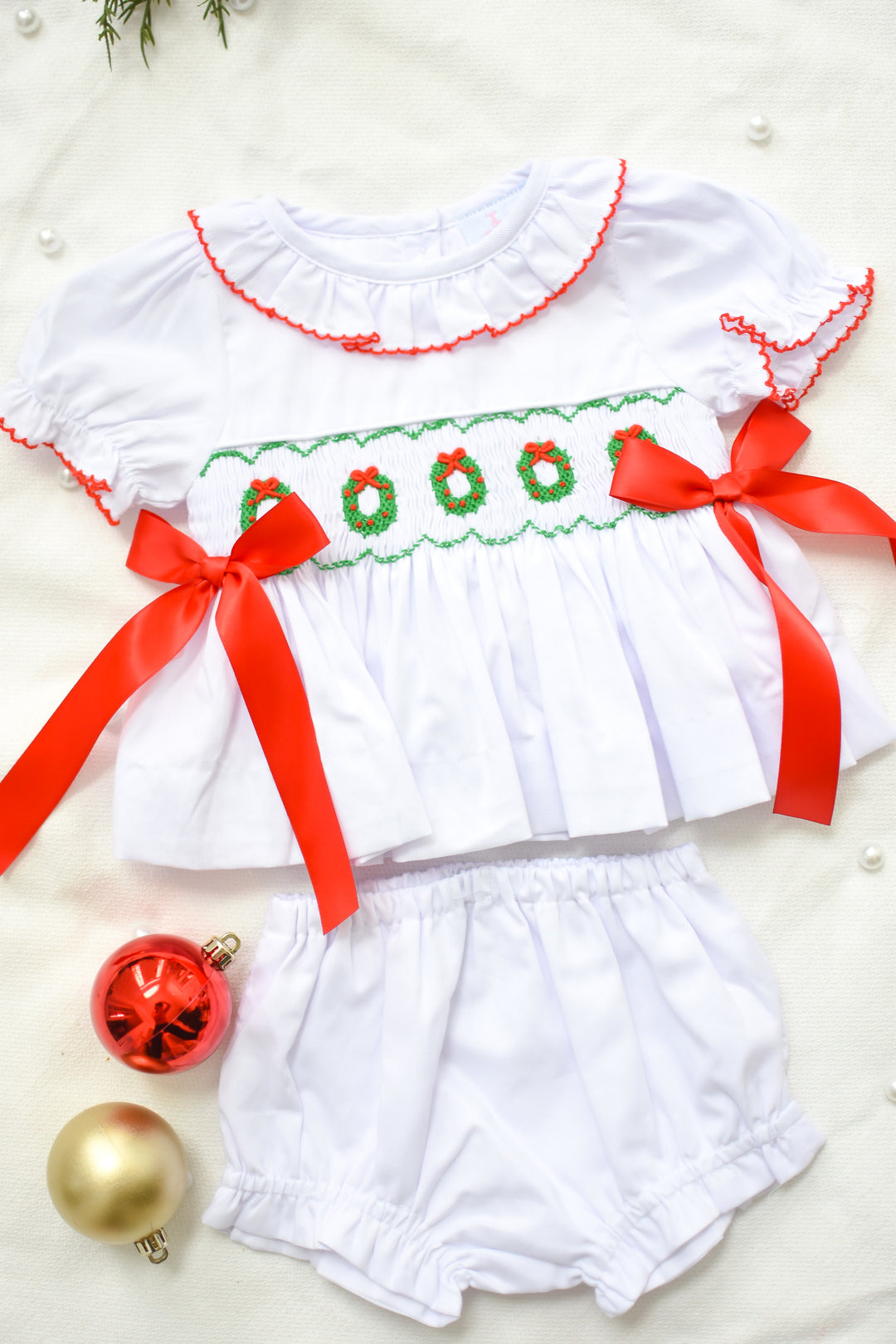 Elsie Smocked Diaper Set with Red Bows