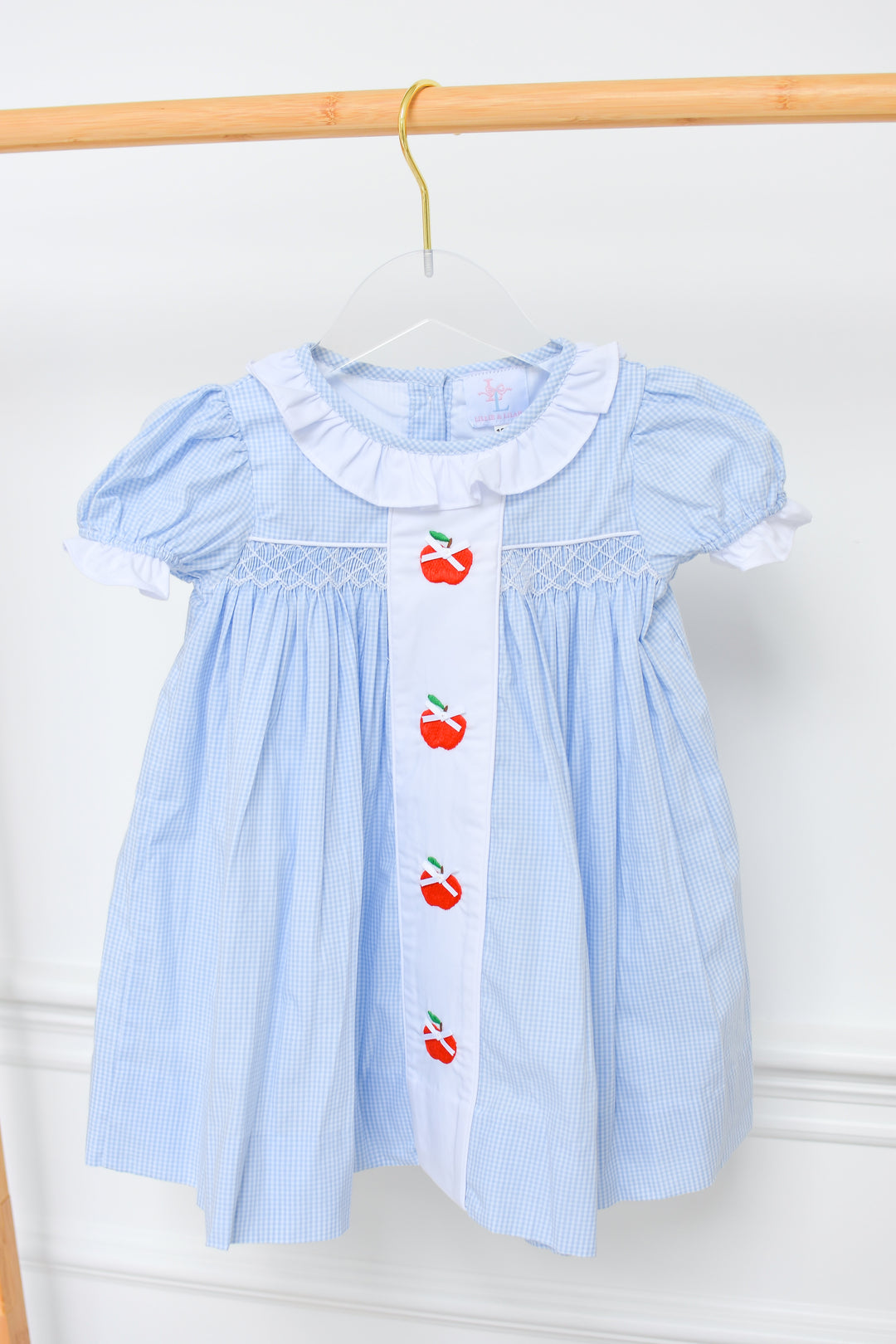 Blue Gingham Apple Panel Smocked Dress