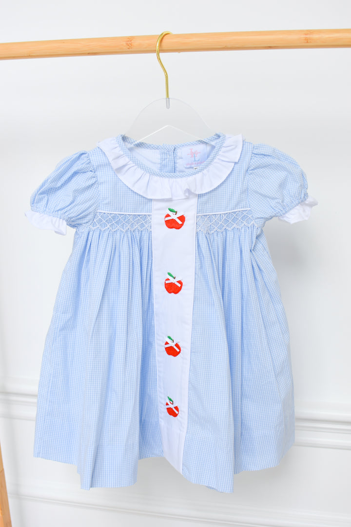 Blue Gingham Apple Panel Smocked Dress