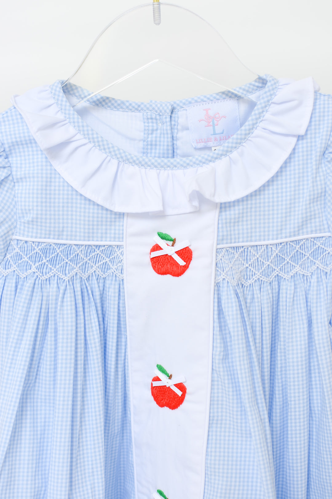 Blue Gingham Apple Panel Smocked Dress