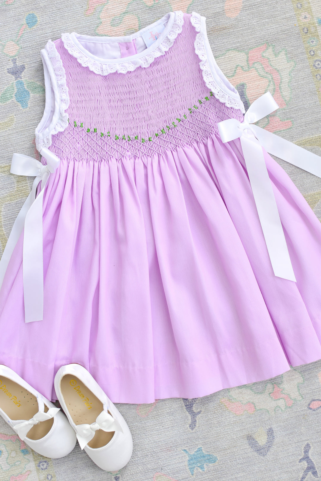 Roses on Purple Smocked Dress with Satin White Bows