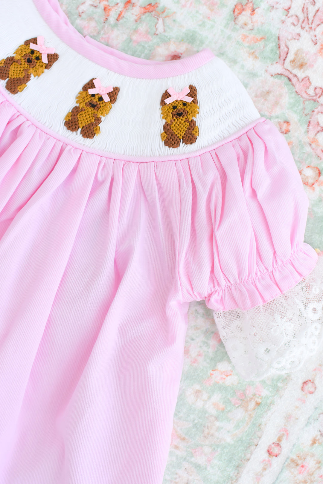 Girls Pink Smocked Yorkie Dress with Lace Sleeves