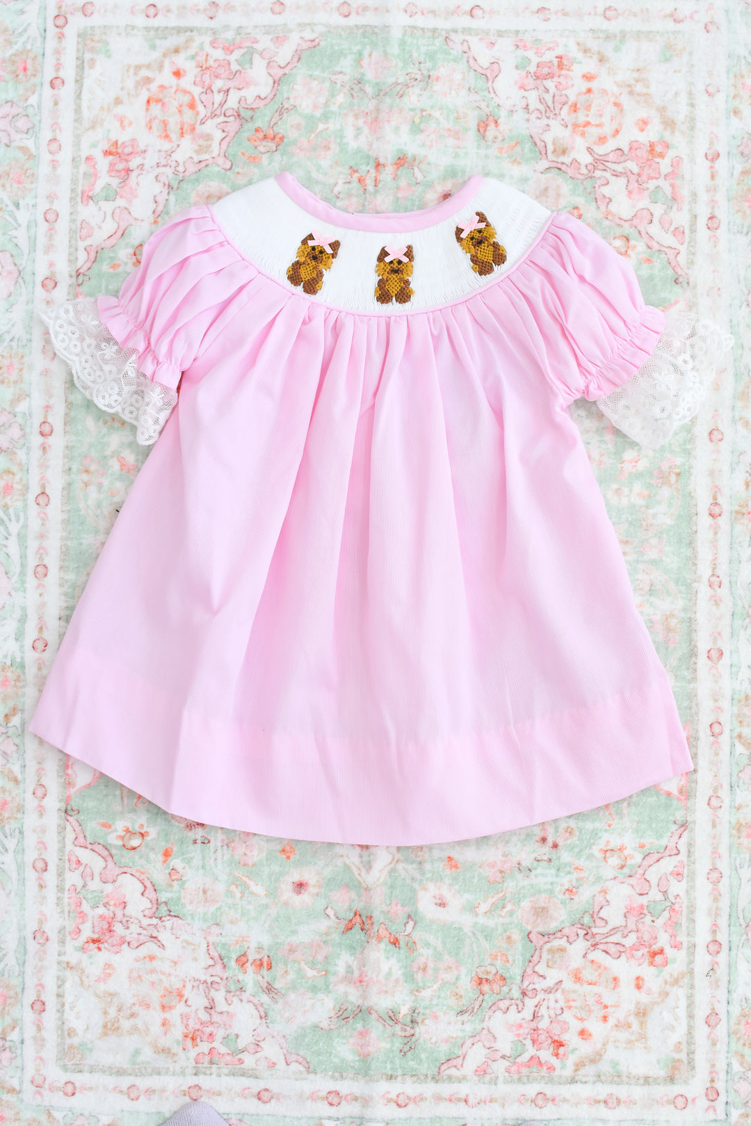 Girls Pink Smocked Yorkie Dress with Lace Sleeves