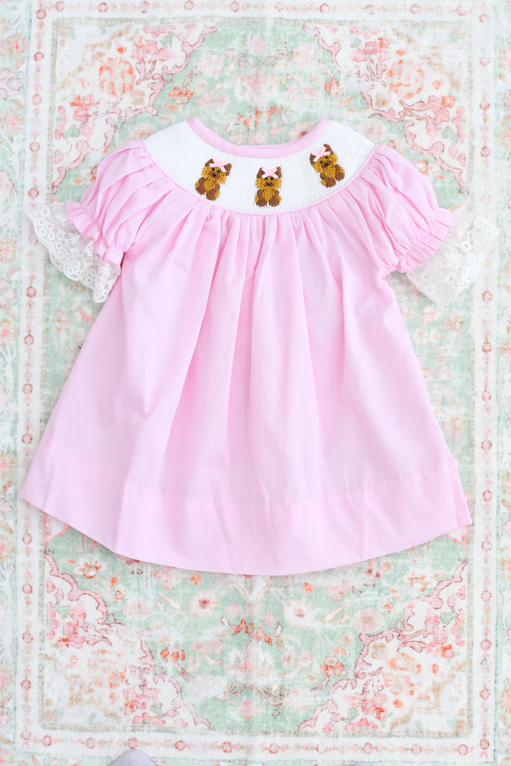 Girls Pink Smocked Yorkie Dress with Lace Sleeves