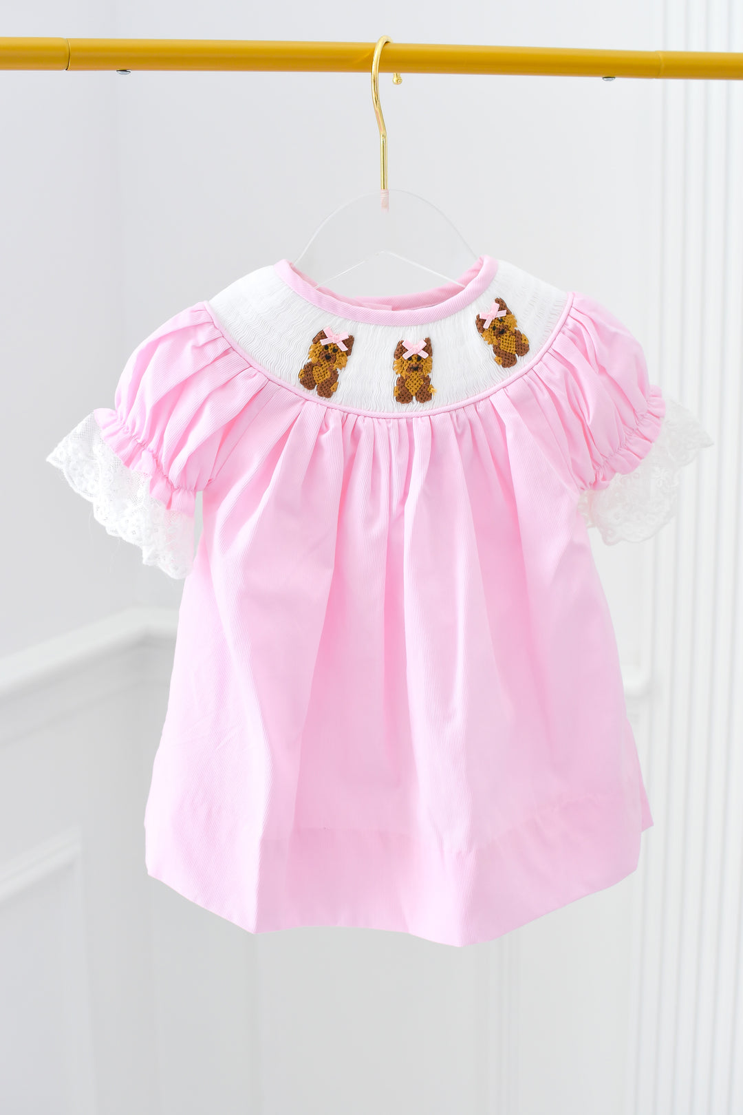 Girls Pink Smocked Yorkie Dress with Lace Sleeves