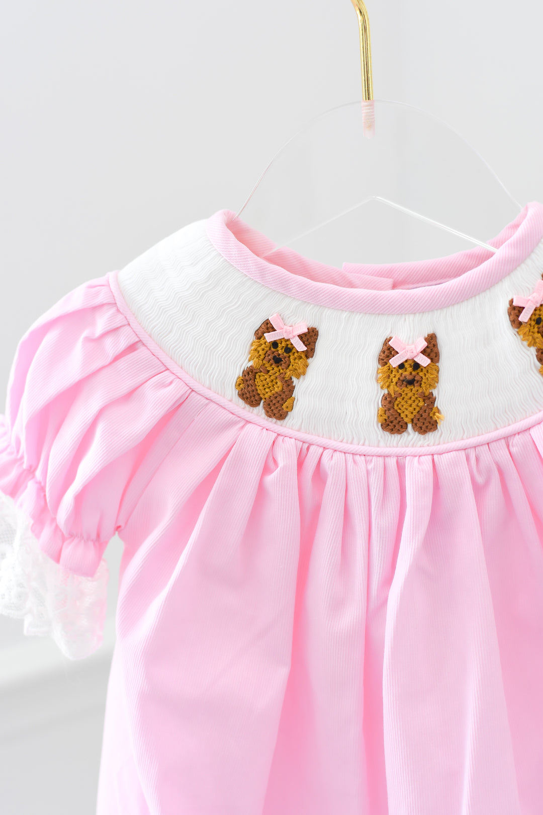 Girls Pink Smocked Yorkie Dress with Lace Sleeves