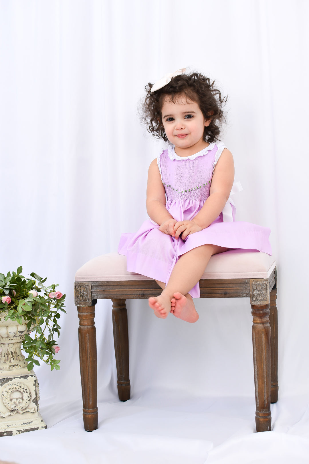 Roses on Purple Smocked Dress with Satin White Bows