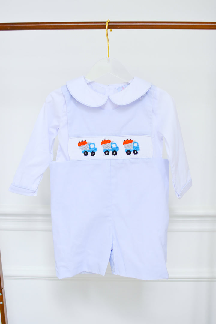 PRE-ORDER Boys Pumpkin Truck Smocked Shortall Set