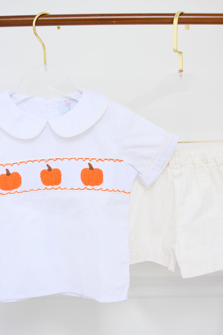 PRE-ORDER Pumpkin Smocked Shirt & Yellow Gingham Shorts Set