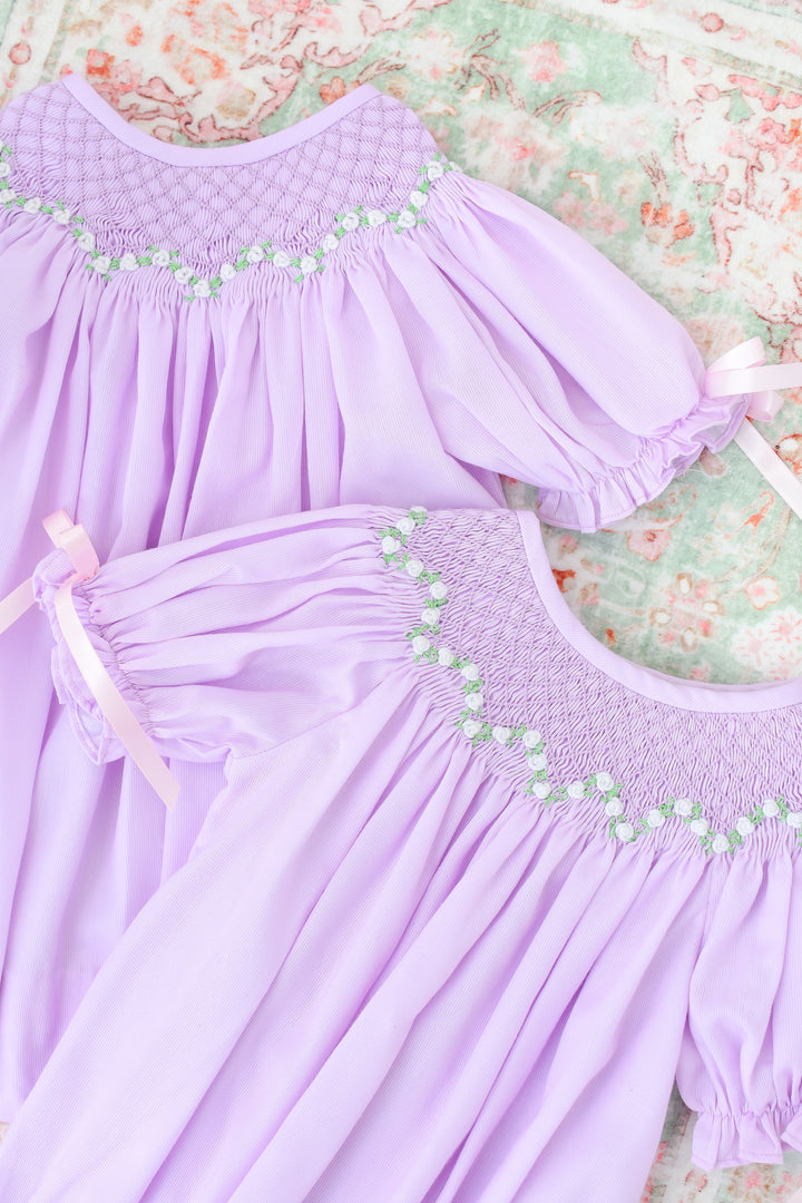 White Roses on Lavender Smocked Dress