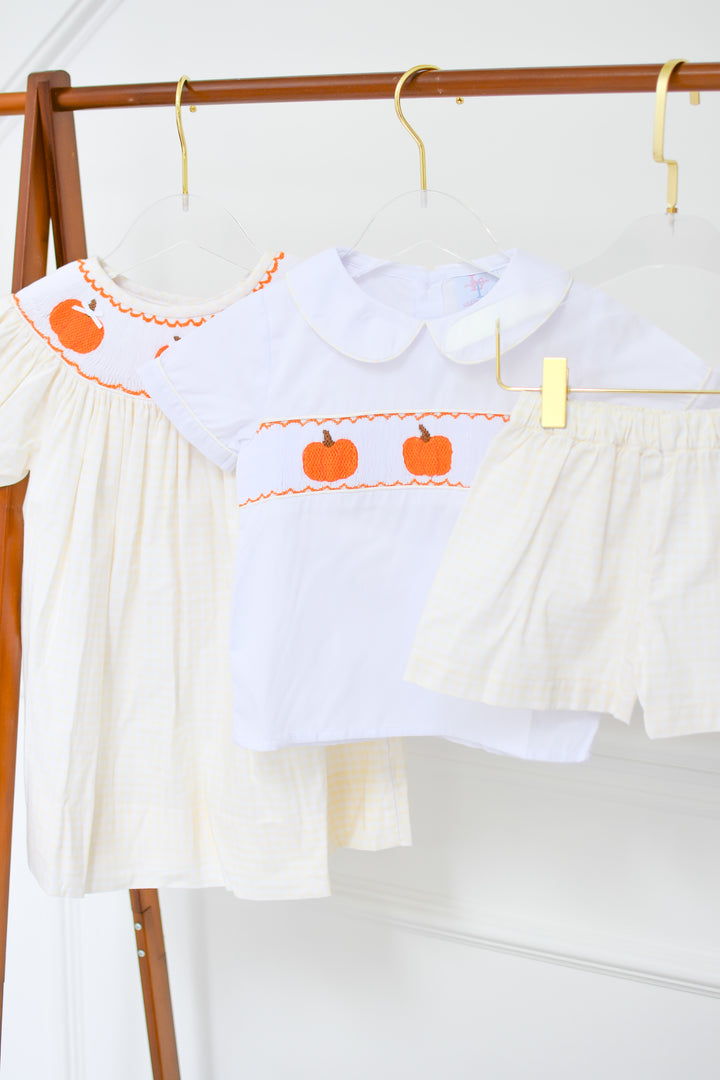 PRE-ORDER Pumpkin Smocked Shirt & Yellow Gingham Shorts Set