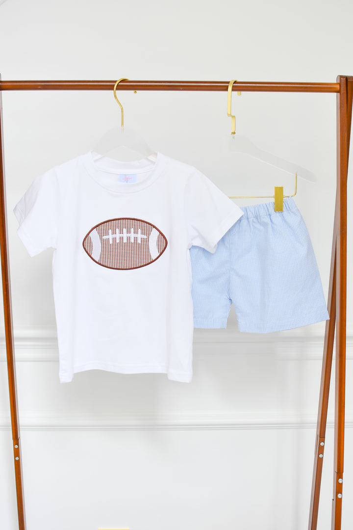 PRE-ORDER Boys Football Appliqué Blue Gingham Short Set