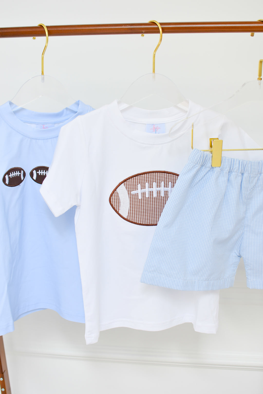 PRE-ORDER Boys Football Appliqué Blue Gingham Short Set