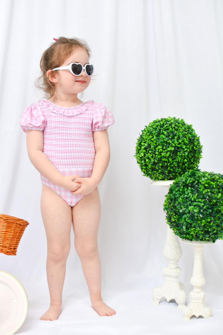 Girls Smocked One Piece Pink Gingham Puff Sleeve Swimsuit