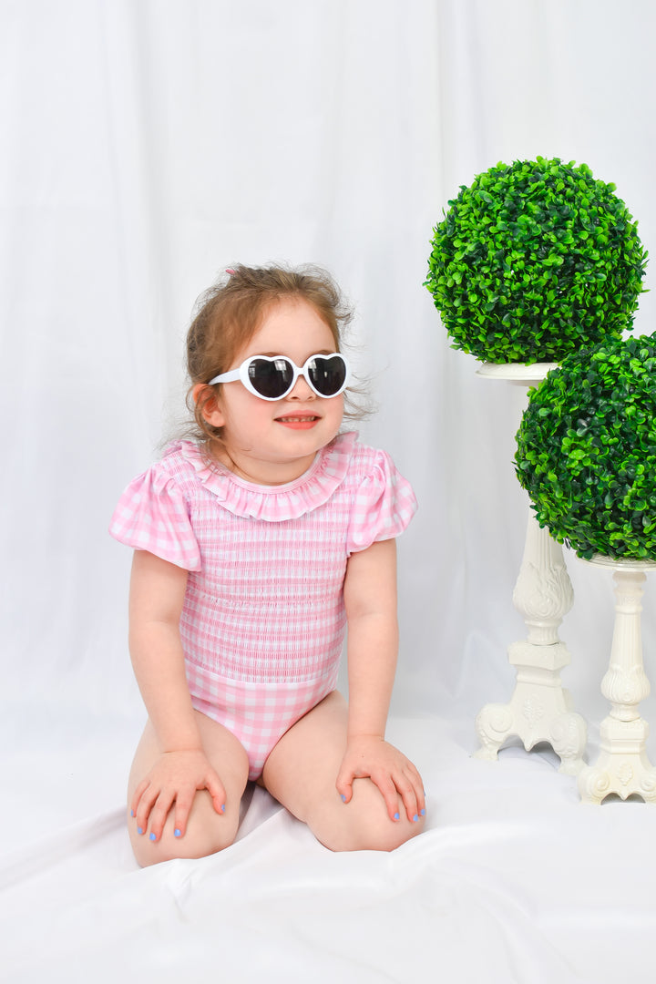 Girls Smocked One Piece Pink Gingham Puff Sleeve Swimsuit