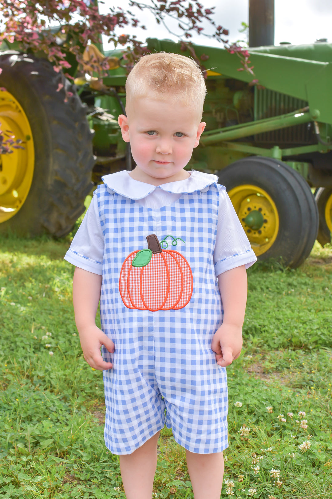 PRE-ORDER Boys Blue Gingham Applique Pumpkin Shortall Set