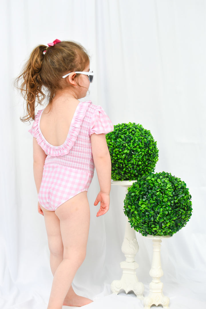 Girls Smocked One Piece Pink Gingham Puff Sleeve Swimsuit