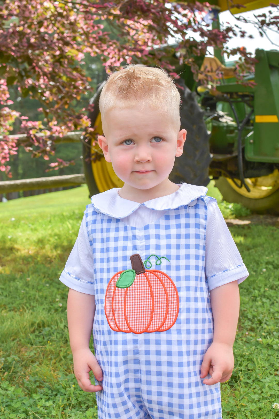 PRE-ORDER Boys Blue Gingham Applique Pumpkin Shortall Set