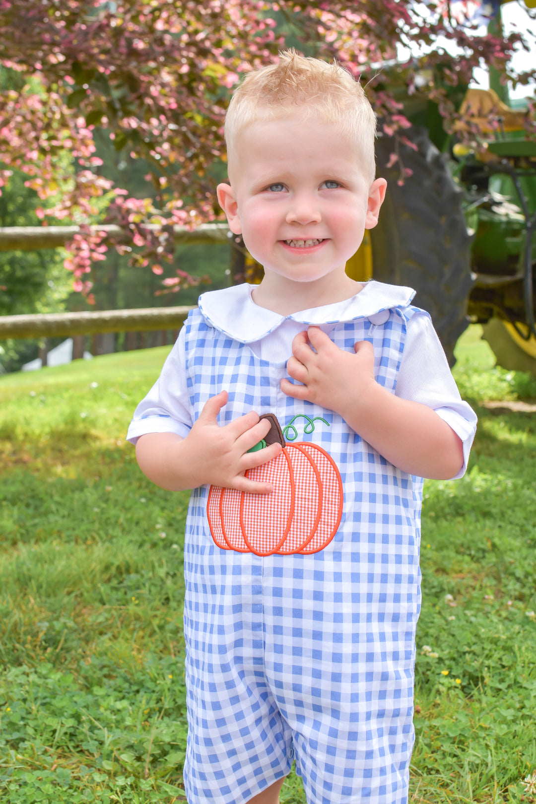PRE-ORDER Boys Blue Gingham Applique Pumpkin Shortall Set
