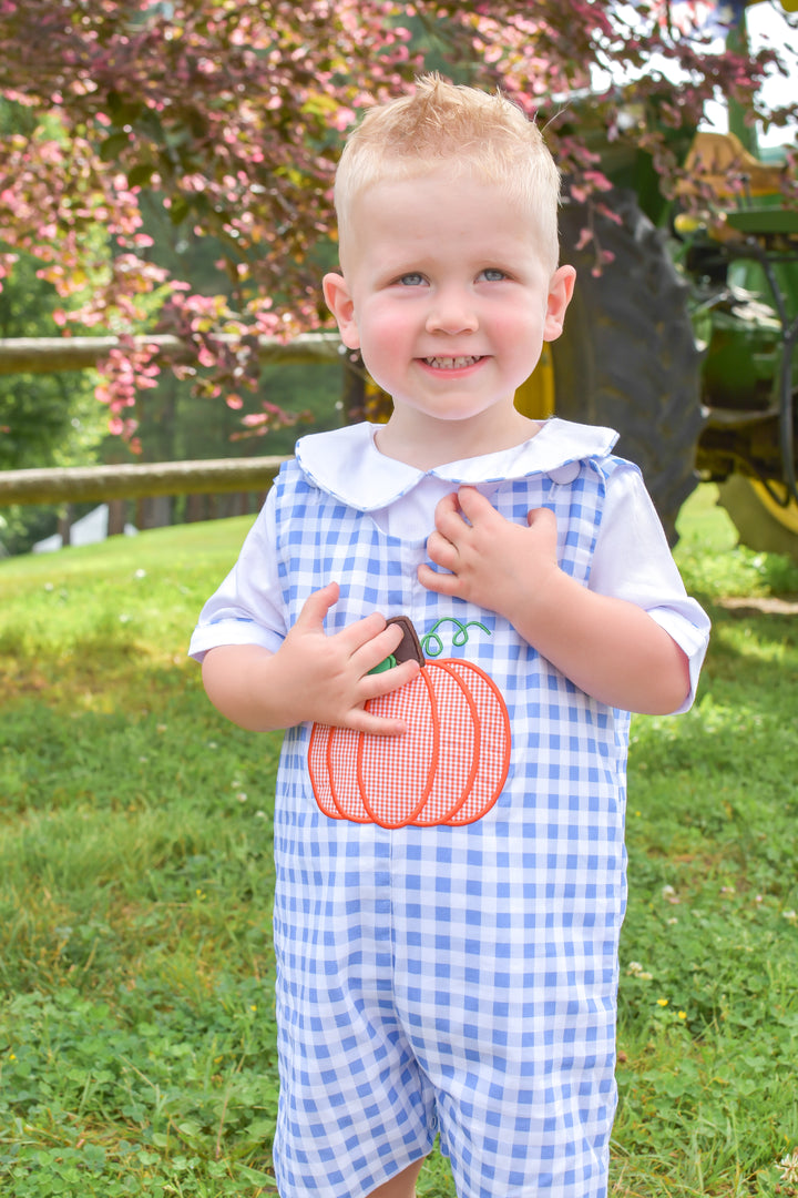 PRE-ORDER Boys Blue Gingham Applique Pumpkin Shortall Set