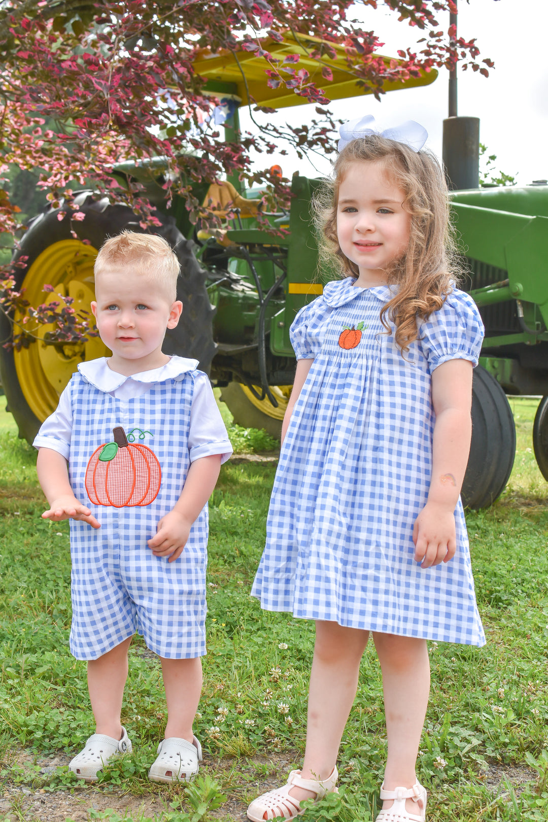 PRE-ORDER Boys Blue Gingham Applique Pumpkin Shortall Set