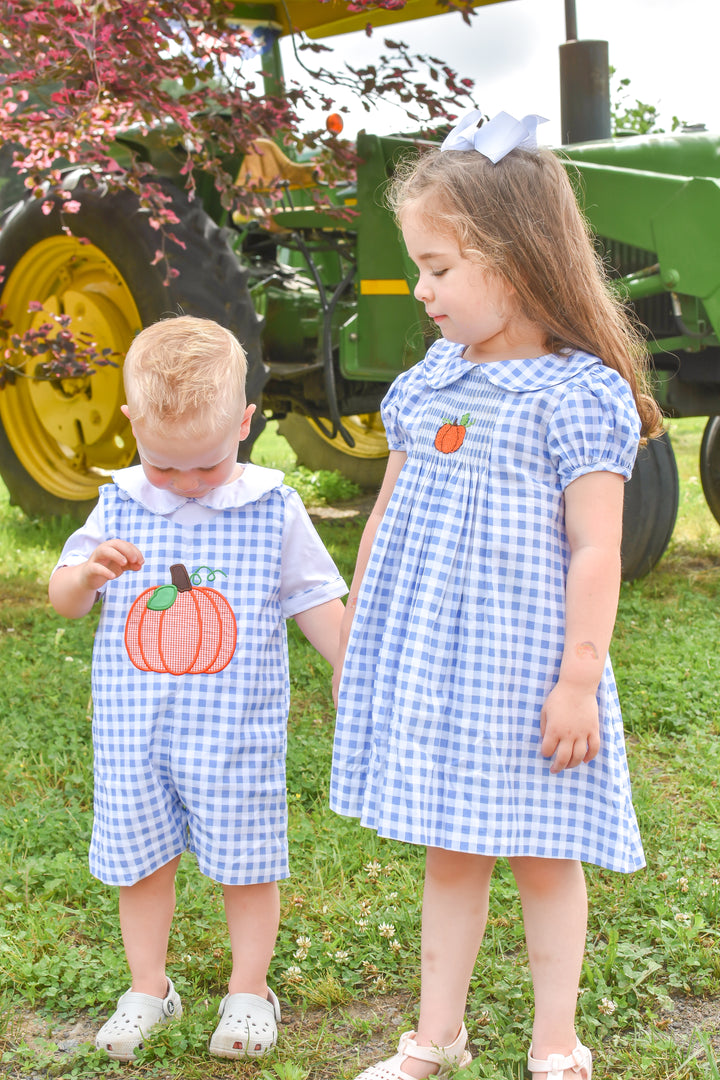 PRE-ORDER Boys Blue Gingham Applique Pumpkin Shortall Set
