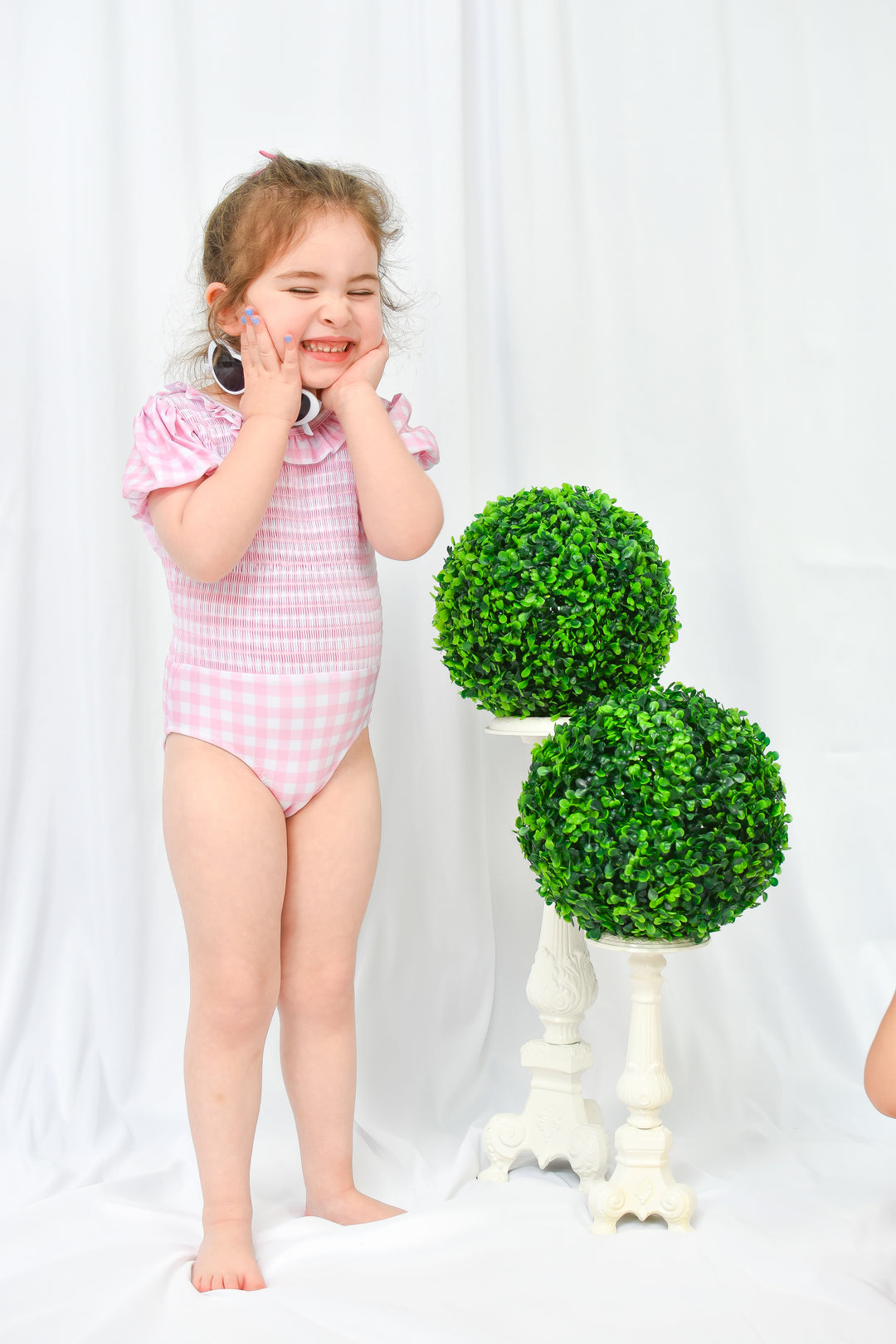 Girls Smocked One Piece Pink Gingham Puff Sleeve Swimsuit