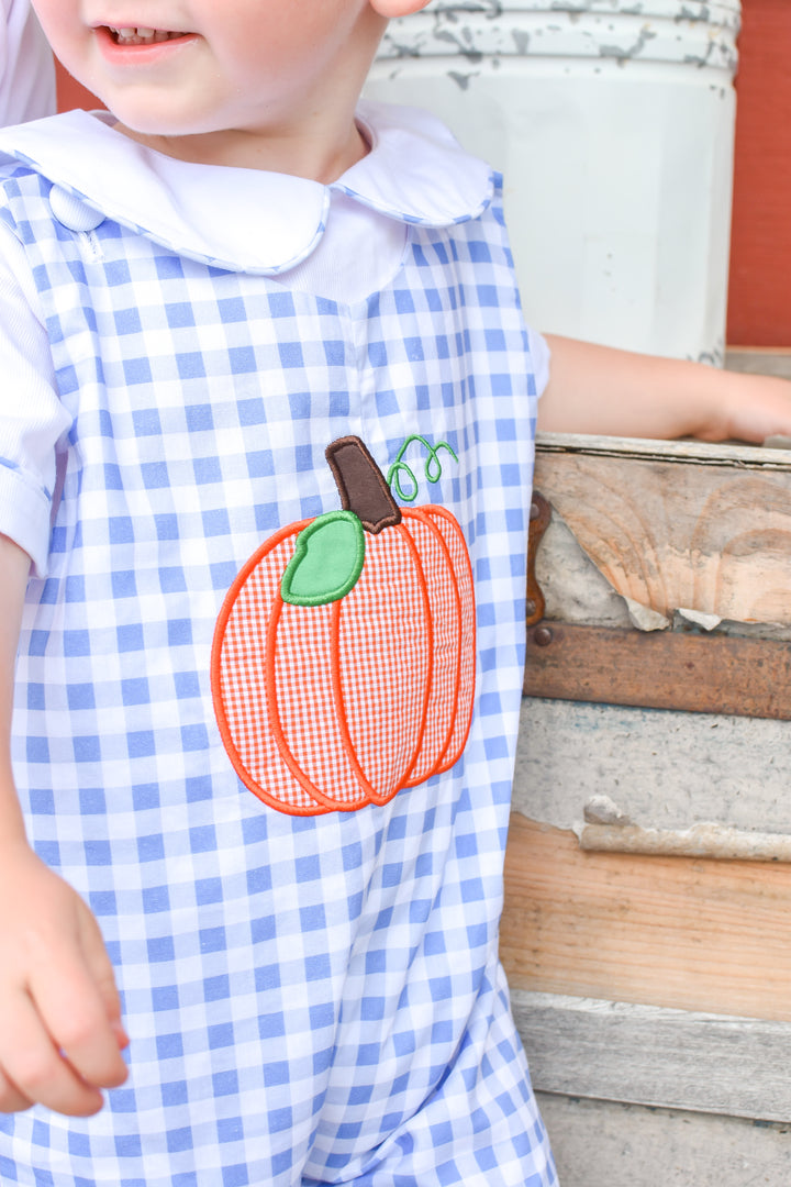 PRE-ORDER Boys Blue Gingham Applique Pumpkin Shortall Set