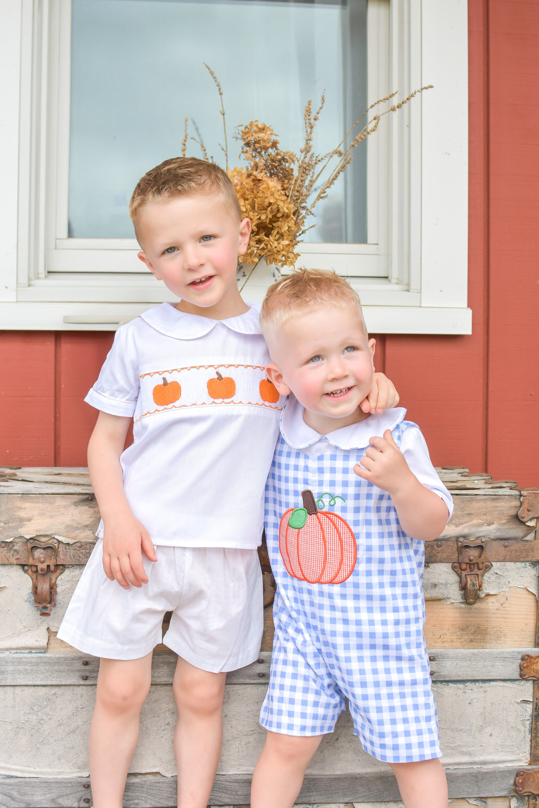 PRE-ORDER Boys Blue Gingham Applique Pumpkin Shortall Set