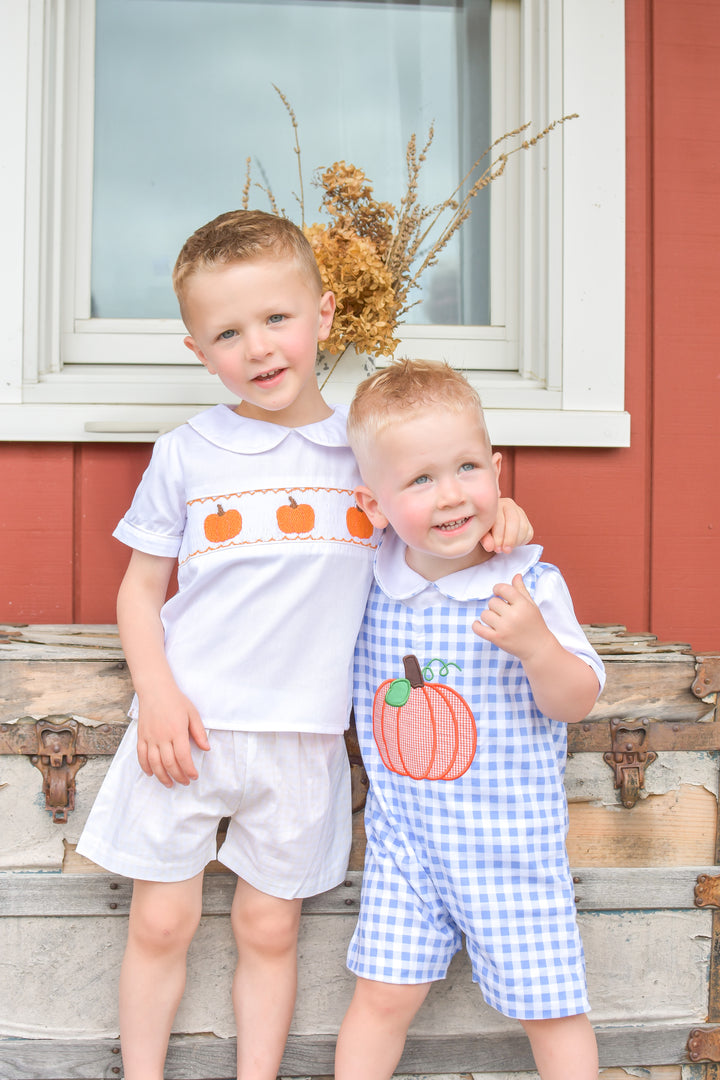 PRE-ORDER Boys Blue Gingham Applique Pumpkin Shortall Set