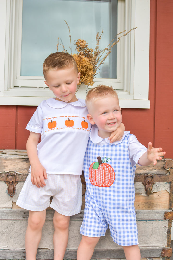 PRE-ORDER Boys Blue Gingham Applique Pumpkin Shortall Set