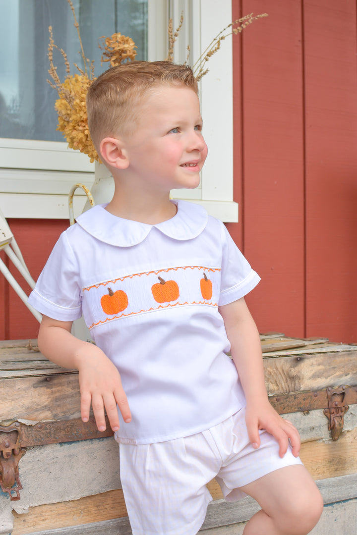 PRE-ORDER Pumpkin Smocked Shirt & Yellow Gingham Shorts Set