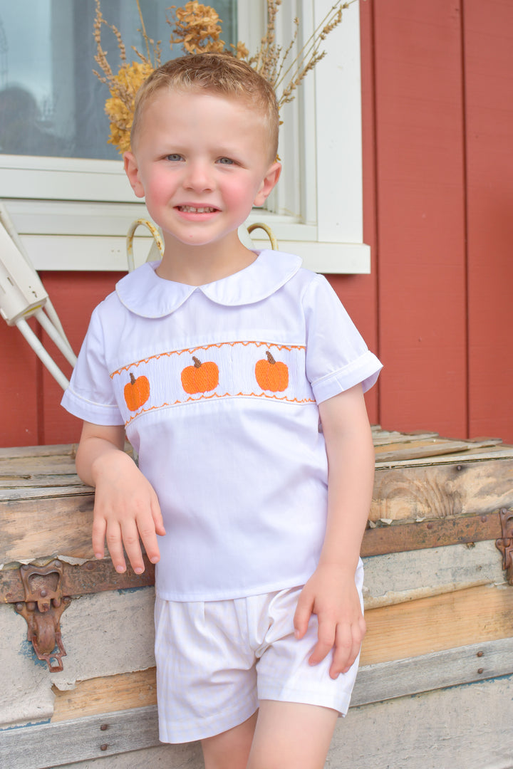 PRE-ORDER Pumpkin Smocked Shirt & Yellow Gingham Shorts Set