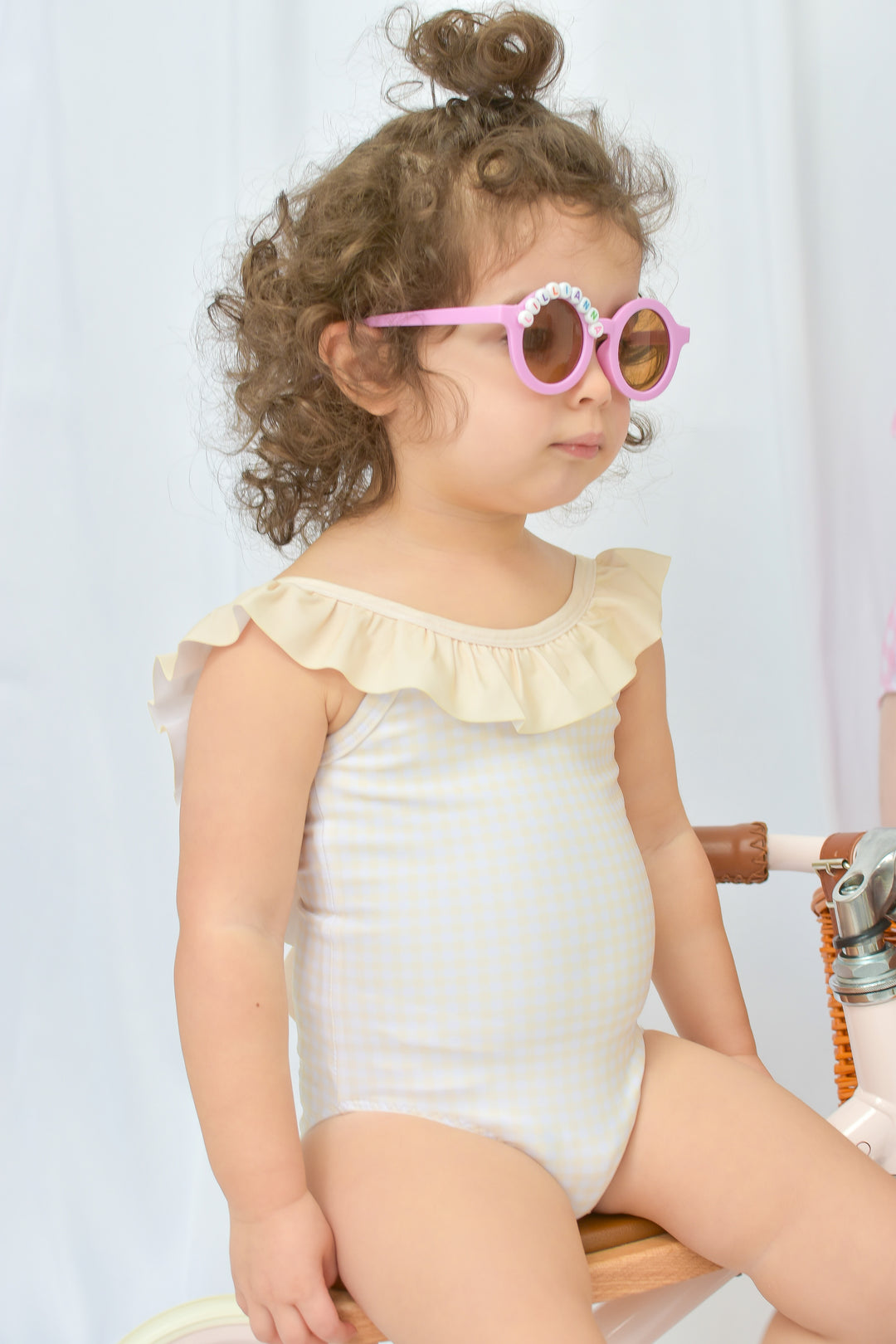 Girls Yellow Gingham Ruffle Swimsuit with Back Bow