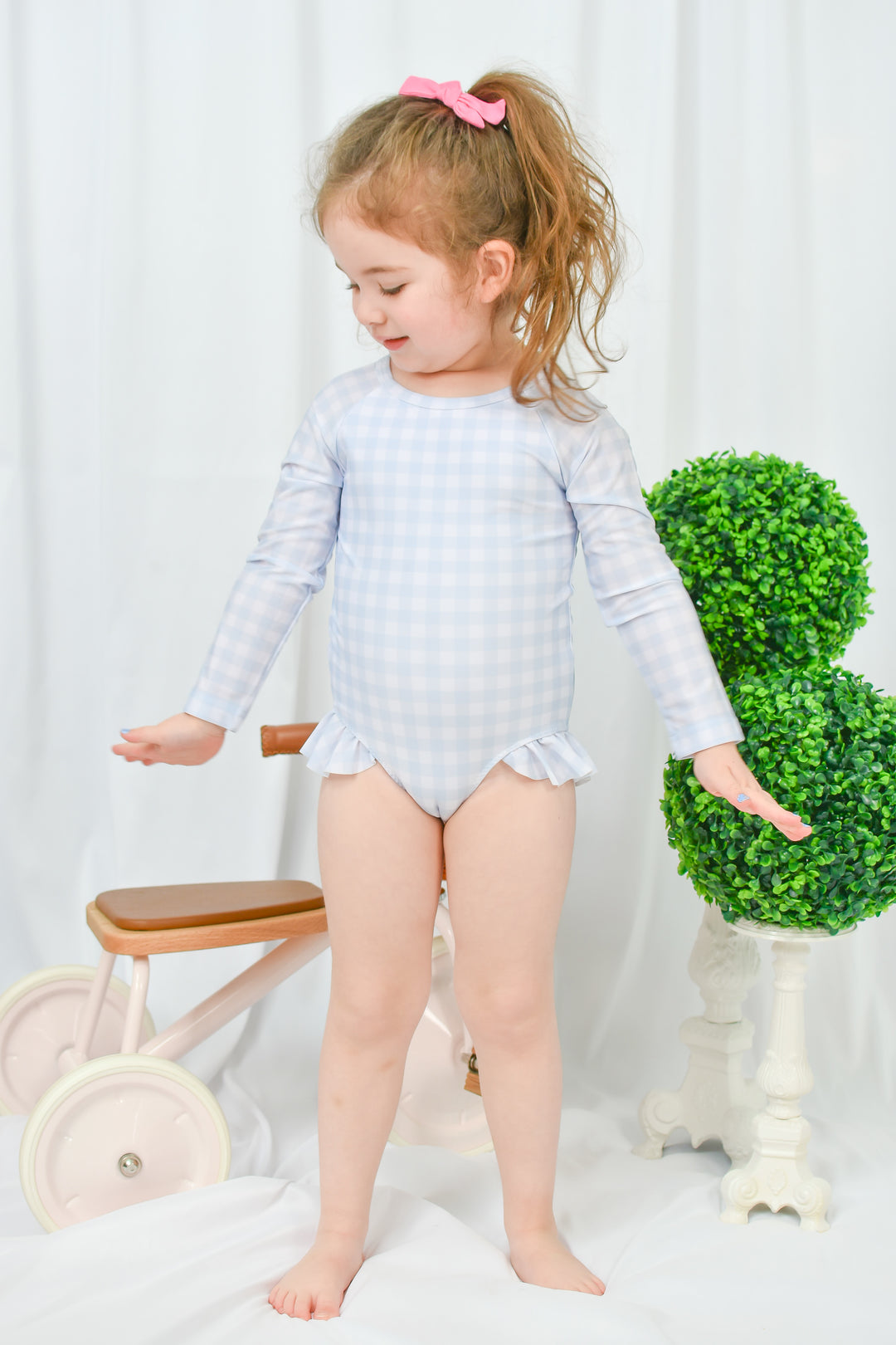 Girls Blue Gingham Long Sleeve Swimsuit