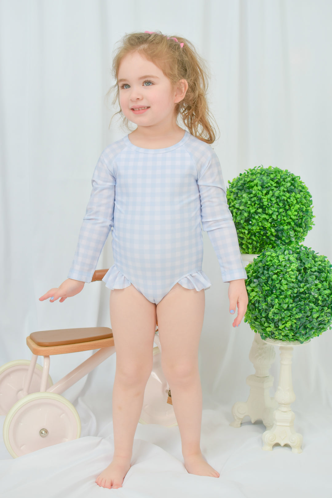 Girls Blue Gingham Long Sleeve Swimsuit